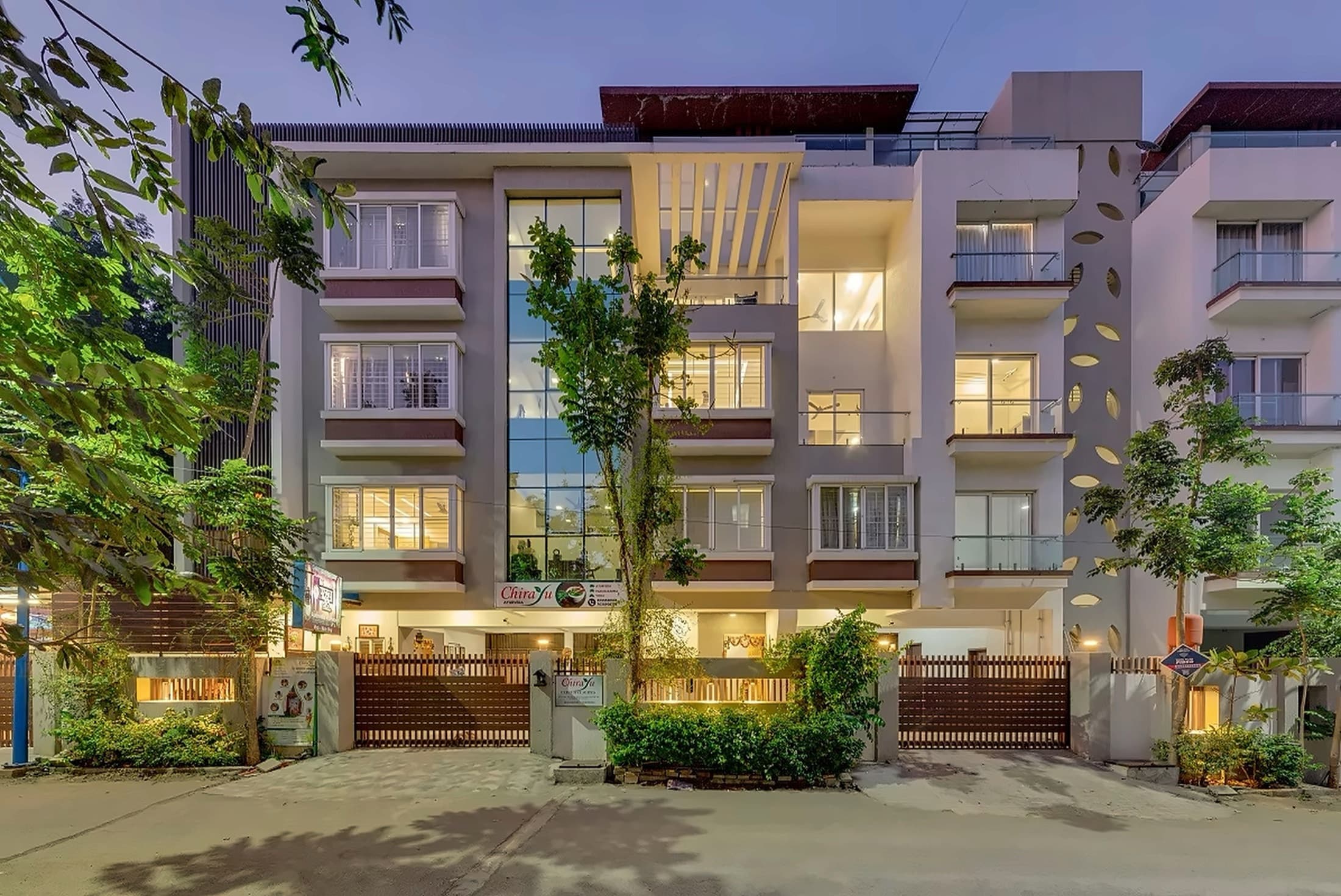 Estate exterior at dusk